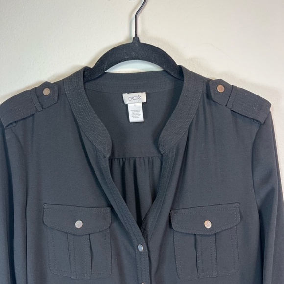 Cache Women's Mini Shirt Dress Black  Roll Tab Long Button Front V-Neck  Size 10 - Picture 3 of 16